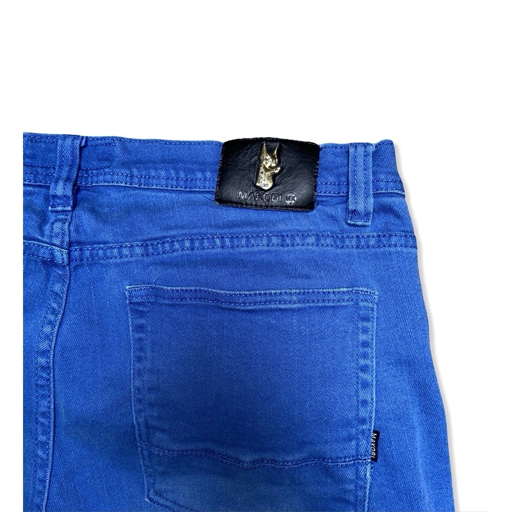 Makobi Biker Moto Jeans Blue Distressed Zip Pocket Skinny Denim 36x32 - Picture 9 of 11